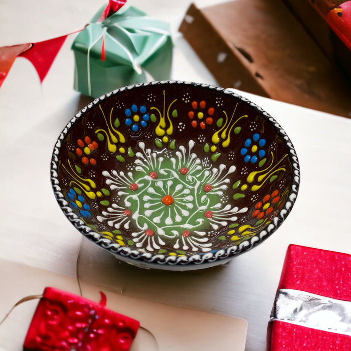 Handmade Ceramic Bowl Mexican Brown&Green 12cm - Kozeenest