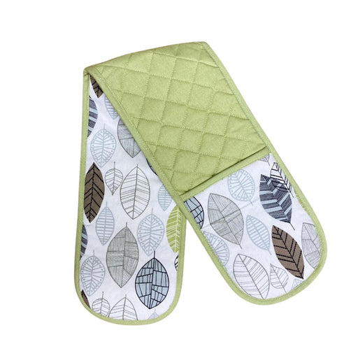 Kitchen Double Oven Glove With Contemporary Green Leaf Print Design - Kozeenest