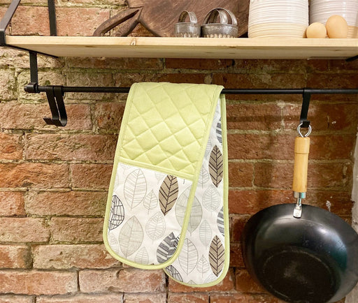 Kitchen Double Oven Glove With Contemporary Green Leaf Print Design - Kozeenest