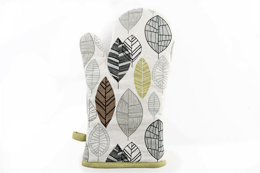 Kitchen Oven Glove With Contemporary Green Leaf Print Design - Kozeenest