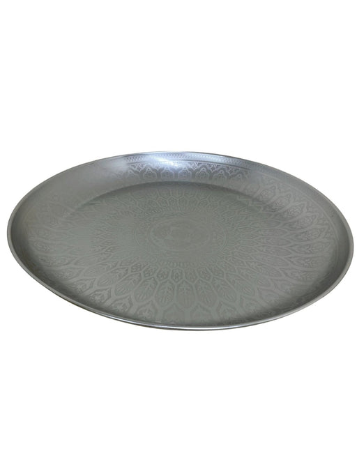 Large Decorative Silver Metal Tray With Etched Design, 42cm - Kozeenest