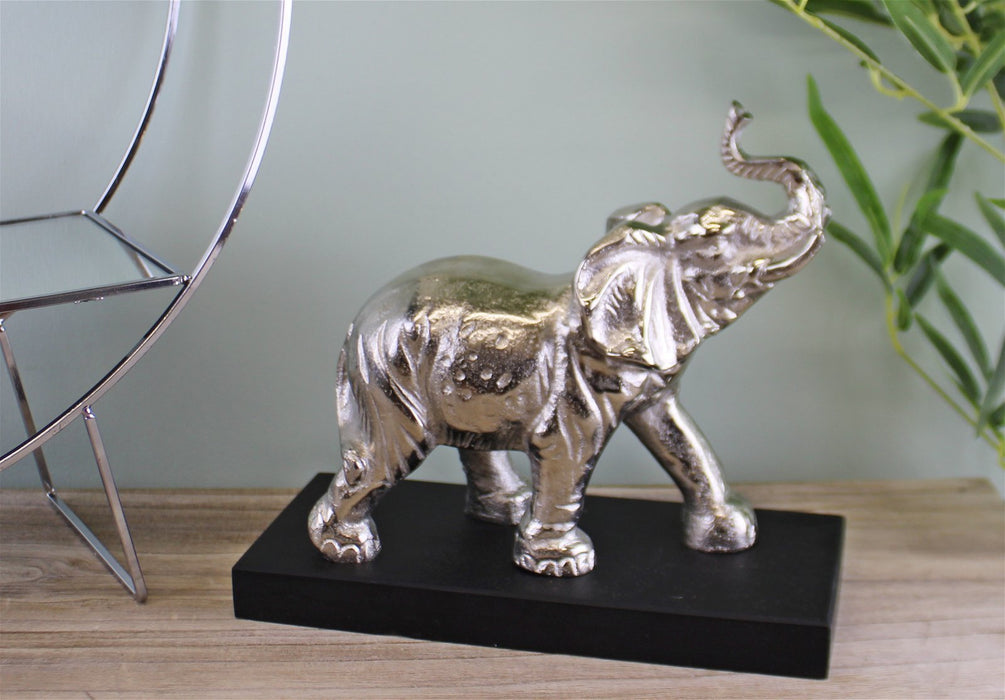 Large Ornamental Silver Metal Elephant On Plinth - Kozeenest