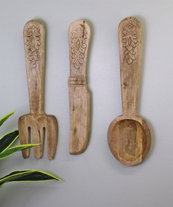 Large Wooden Wall Hanging Cutlery Set of 3 - Kozeenest