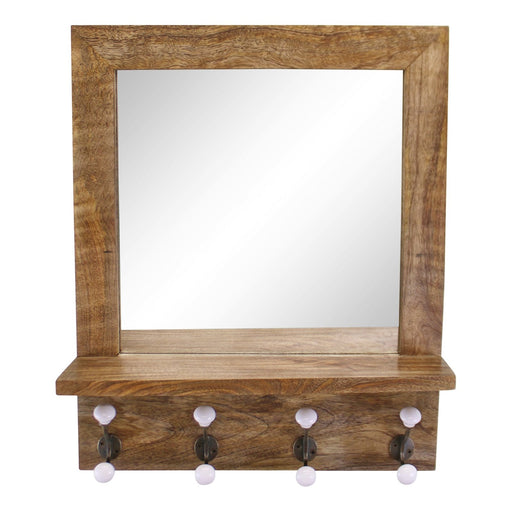 Mango Wood Shelf Unit With Mirror & 4 Double Coat Hooks - Kozeenest