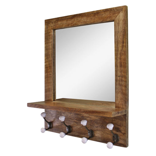 Mango Wood Shelf Unit With Mirror & 4 Double Coat Hooks - Kozeenest