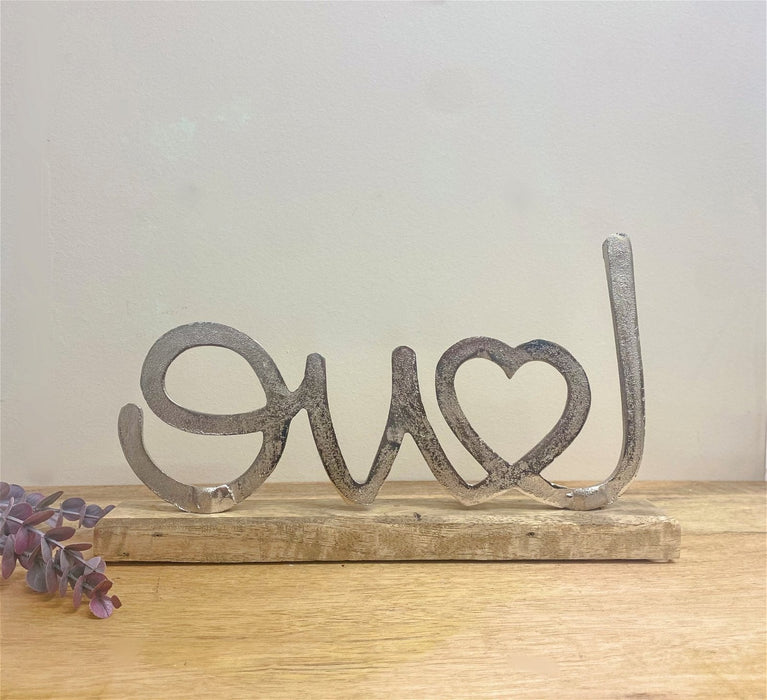 Metal Silver Love Ornament On A Wooden Base - Kozeenest