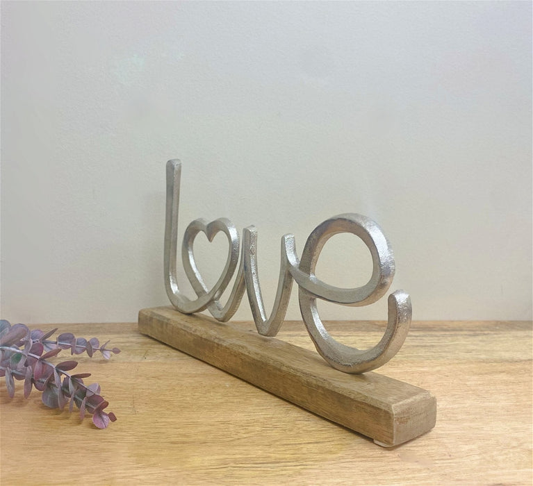 Metal Silver Love Ornament On A Wooden Base - Kozeenest