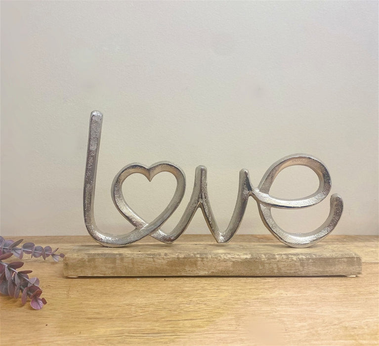 Metal Silver Love Ornament On A Wooden Base - Kozeenest