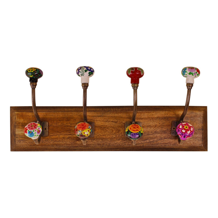 Mexican Floral Ceramic Hooks on Wooden Base - Kozeenest