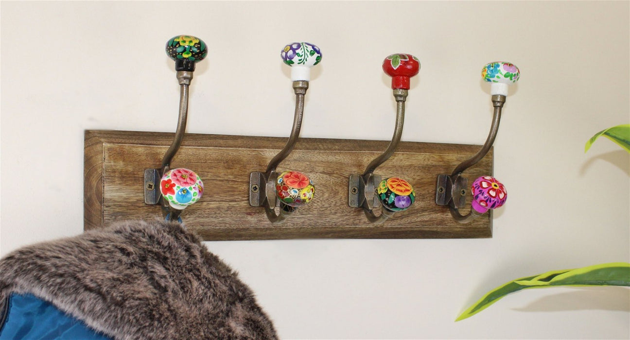 Mexican Floral Ceramic Hooks on Wooden Base - Kozeenest