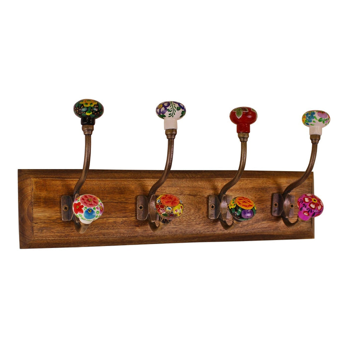 Mexican Floral Ceramic Hooks on Wooden Base - Kozeenest