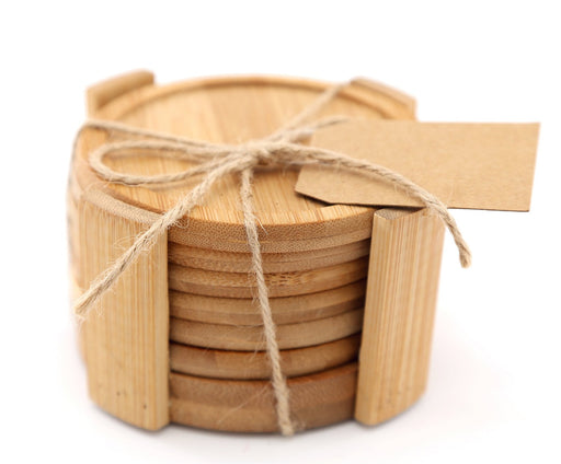 Set Of 6 Round Bamboo Coasters With Holder 12cm - Kozeenest