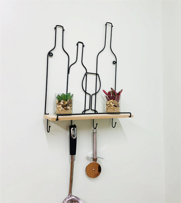 Wine Bottles Wall Shelf & 4 Hooks - Kozeenest