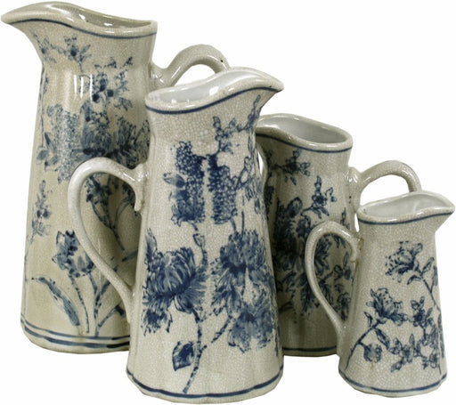 Set of 4 Ceramic Jugs, Vintage Blue & White Magnolia Design - Kozeenest