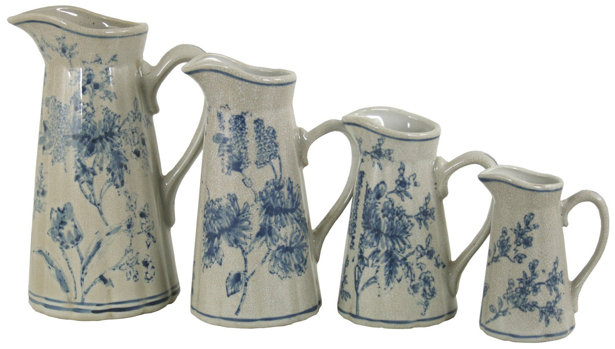 Set of 4 Ceramic Jugs, Vintage Blue & White Magnolia Design - Kozeenest