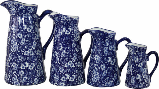 Set of 4 Ceramic Jugs, Vintage Blue & White Daisies Design - Kozeenest