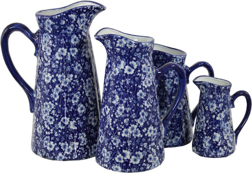 Set of 4 Ceramic Jugs, Vintage Blue & White Daisies Design - Kozeenest