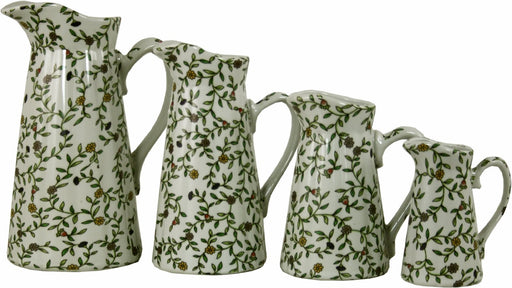 Set of 4 Ceramic Jugs, Vintage Green & White Floral Design - Kozeenest