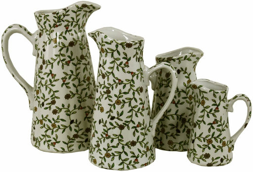 Set of 4 Ceramic Jugs, Vintage Green & White Floral Design - Kozeenest