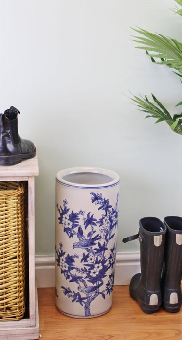 Umbrella Stand, Vintage Blue & White Bird Design - Kozeenest