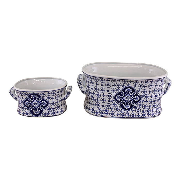Set of 2 Ceramic Footbath Planters, Vintage Blue & White Circular Design - Kozeenest