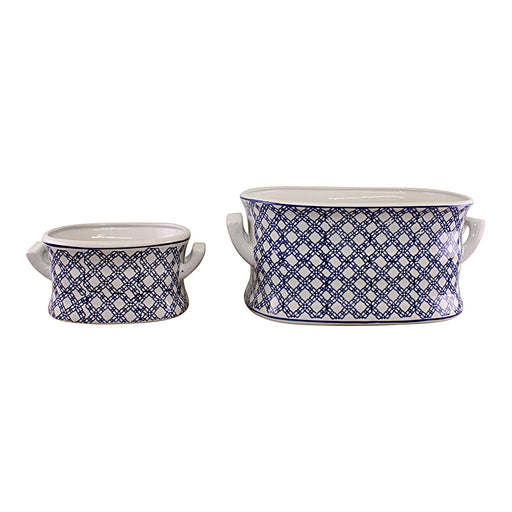 Set of 2 Ceramic Footbath Planters, Vintage Blue & White Geometric Design - Kozeenest