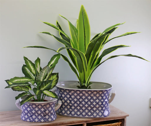 Set of 2 Ceramic Footbath Planters, Vintage Blue & White Geometric Design - Kozeenest