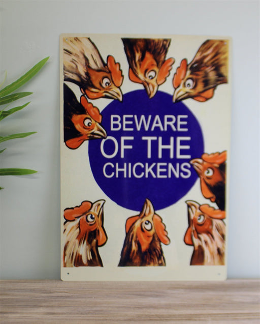 Vintage Metal Sign - Beware Of The Chickens - Kozeenest