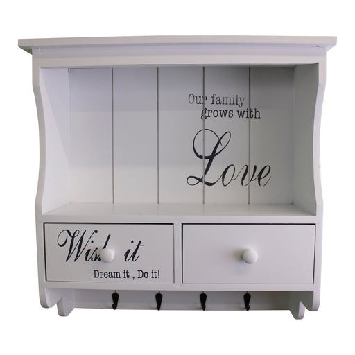 Wall Unit in White with Hooks, Drawers & Shelf - Kozeenest