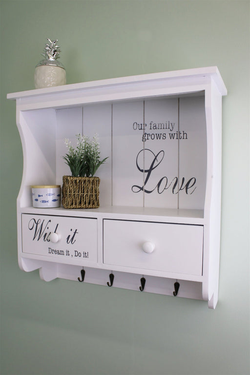 Wall Unit in White with Hooks, Drawers & Shelf - Kozeenest