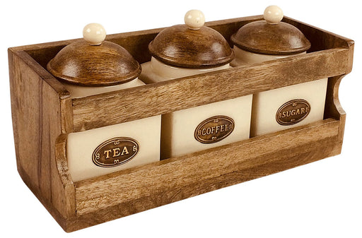 Wooden Rack with 3 Ceramic Jars - Kozeenest