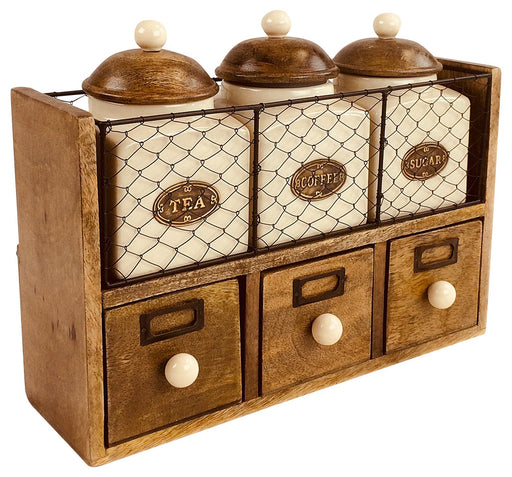 Wooden Cabinet With 3 Jars & Drawers - Kozeenest