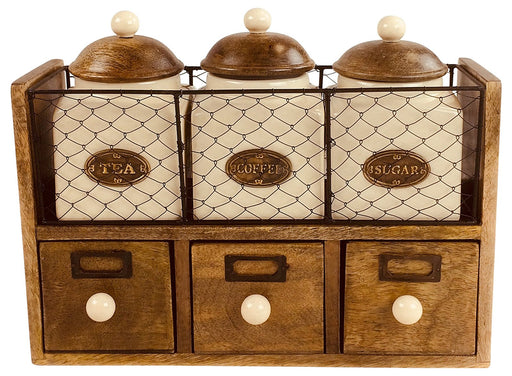 Wooden Cabinet With 3 Jars & Drawers - Kozeenest