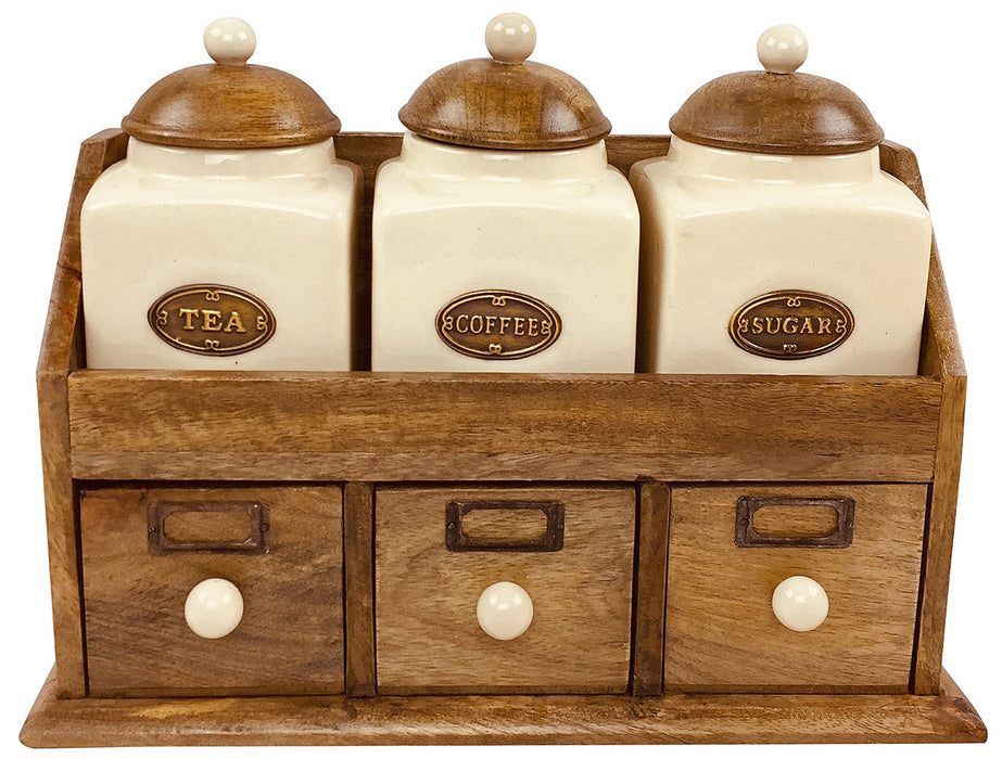 Three Ceramic Jars With Wooden Drawers - Kozeenest