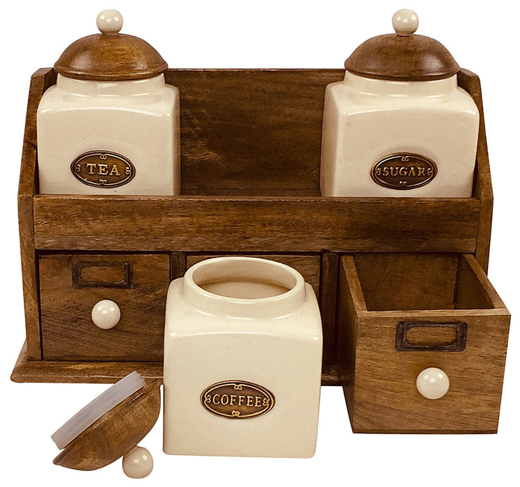 Three Ceramic Jars With Wooden Drawers - Kozeenest