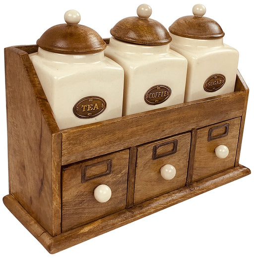 Three Ceramic Jars With Wooden Drawers - Kozeenest