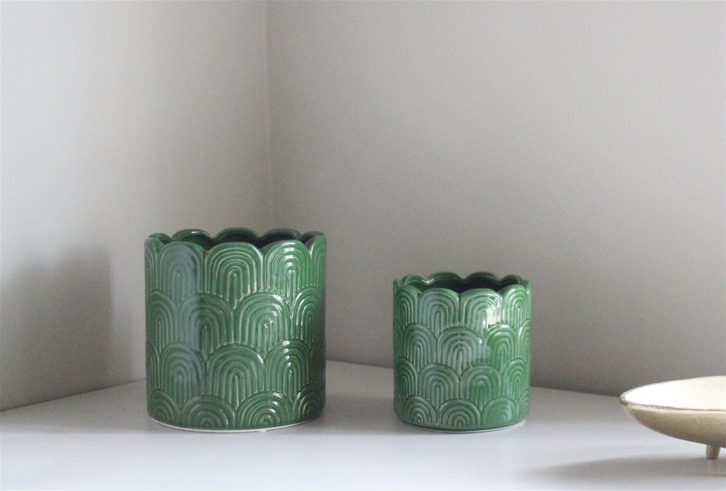 Set of Two Green Scalloped Planters - Kozeenest