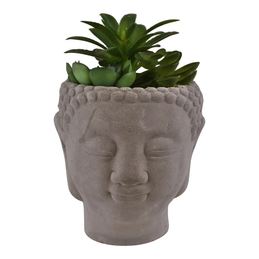 Trio of Faux Succulents in Buddha Head Cement Pot - Kozeenest