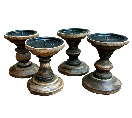 Set of 4 Brown Wooden Candlestick Church Pillar Candle Holders - Kozeenest
