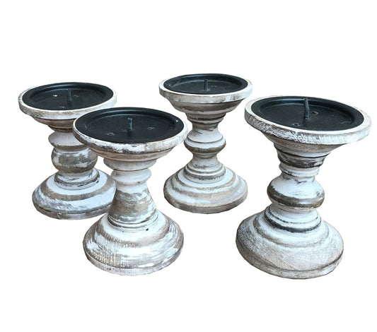 Set of 4 White Wooden Candlestick Church Pillar Candle Holders - Kozeenest