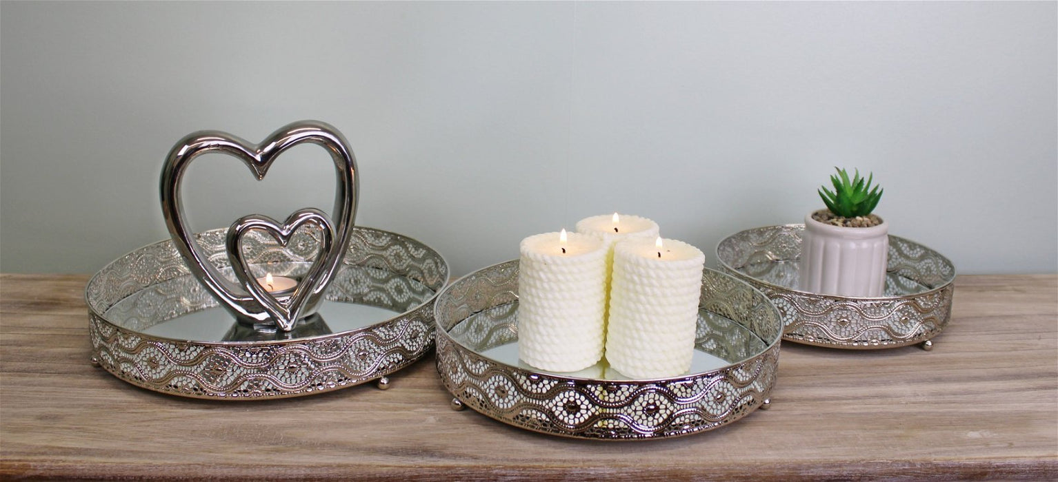 Set Of 3 Silver Metal and Mirrored Candle Plates - Kozeenest