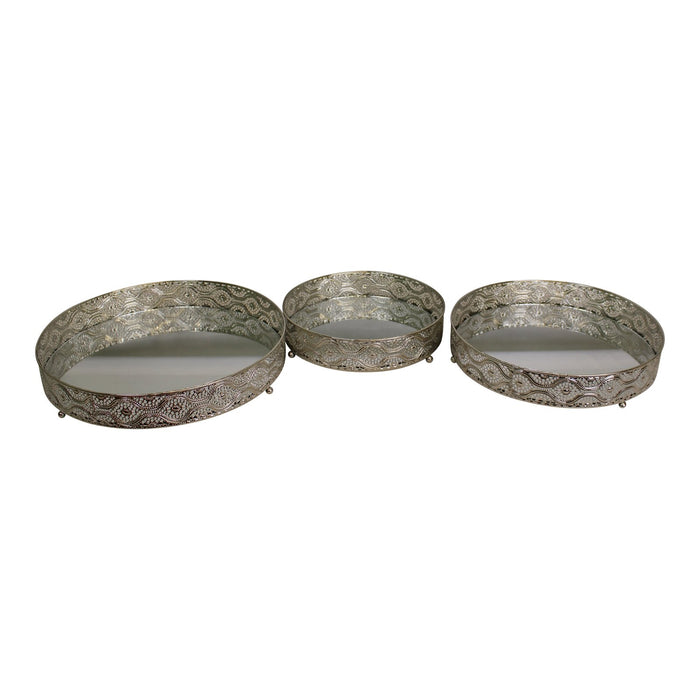 Set Of 3 Silver Metal and Mirrored Candle Plates - Kozeenest