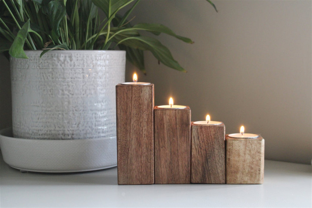 Set of Four Mango Wood Tealight Holders - Kozeenest