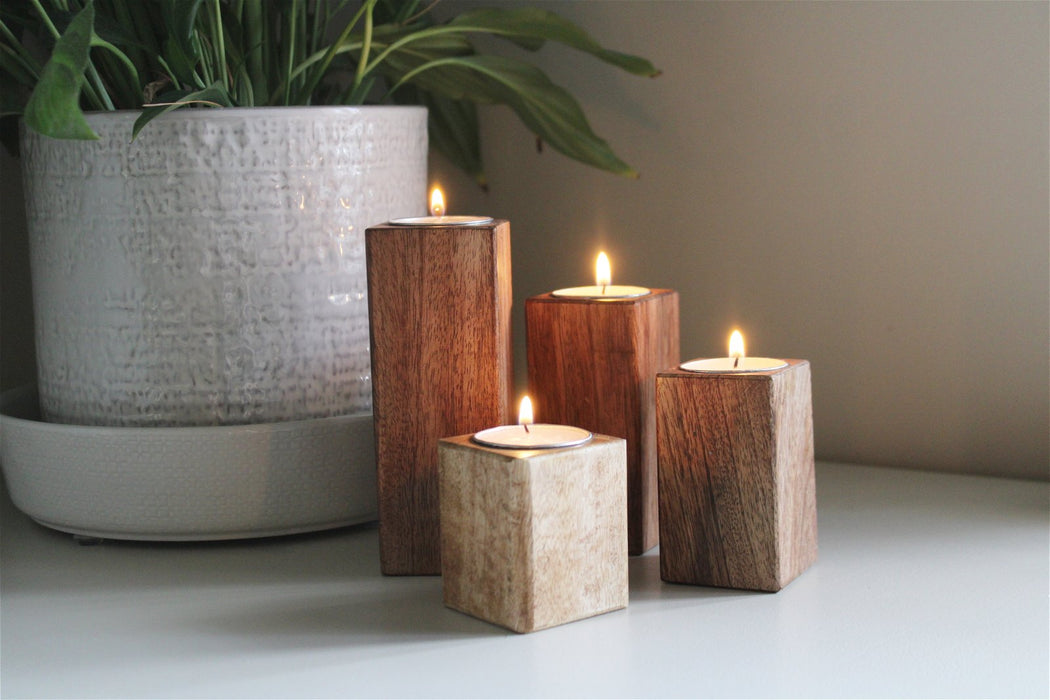 Set of Four Mango Wood Tealight Holders - Kozeenest