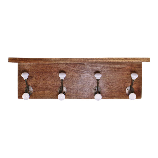 Set of 4 White Ceramic Double Coat Hooks On Wooden Base With Shelf - Kozeenest