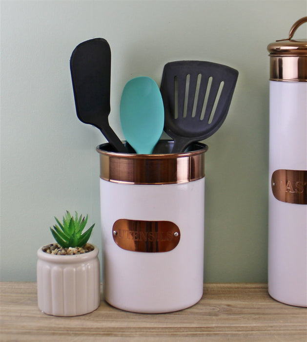 Utensils Holder, Copper & White Metal Design - Kozeenest