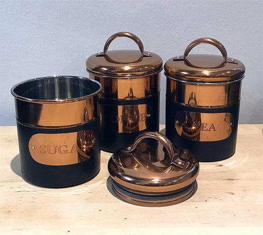 Set of 3 Black & Copper Tea, Sugar & Coffee Tins - Kozeenest