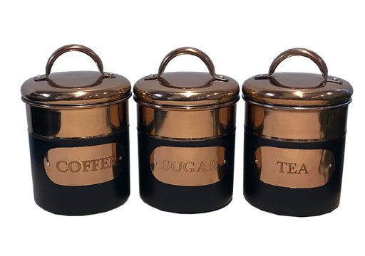 Set of 3 Black & Copper Tea, Sugar & Coffee Tins - Kozeenest