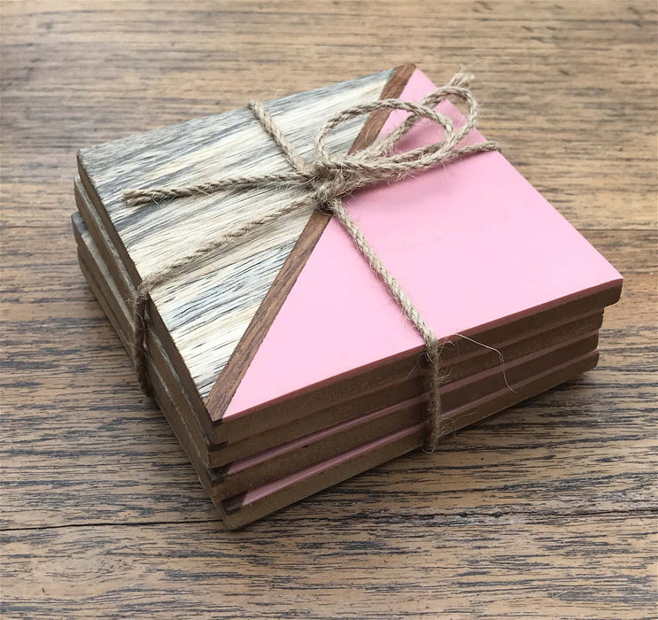 Set Of 4 Square Two Toned Wooden Coasters - Pink - Kozeenest