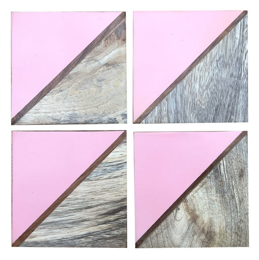 Set Of 4 Square Two Toned Wooden Coasters - Pink - Kozeenest